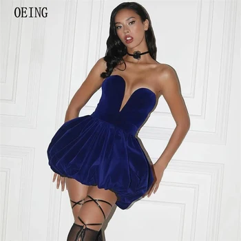OEING Royal Blue, мини-коктейл рокля за парти, Велурени вечерни рокли трапецовидна форма, обвита в прозрачна рокля за плажната партита без презрамки
