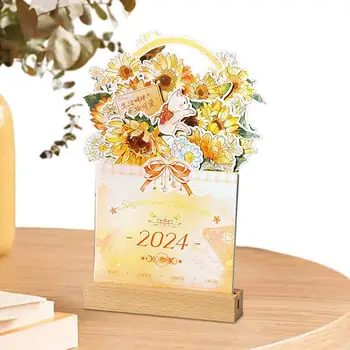 Настолен календар цветя в 2024 година Декоративен Календар във формата на вази за рисуване на на цветя С празна месечна списък На дървена основа Банкетна Цвете