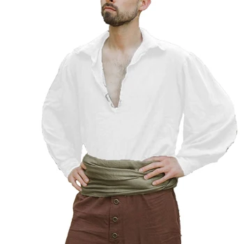 Възраждането Средновековен костюм Поет Pirate риза Мъжки Реколта върховете Приталенная тениска с V образно деколте Класическа однотонная ежедневна мода