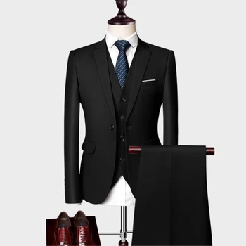 Висококачествен, Официален Бизнес Мъжки костюм от три части За Младоженеца, Сватбена рокля, Обикновен костюм 15 цвята M-6XL (Яке + Жилетка + панталони)