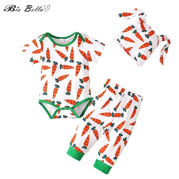 Комплект дрехи от памук с анимационни моркови за новородените момичета и момчета, Боди + Шапка + панталони, лятна пижама за бебета, костюми за детски дрехи