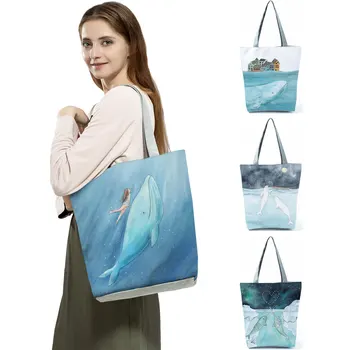 Чанти с принтом момичета-кит, Прясно Сладко чанта за пазаруване серия Sea, Дамски синя чанта-мъкна с голям капацитет, Дизайнерски плажна чанта с индивидуален дизайн