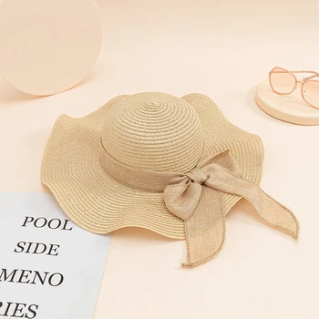 Летни детски сламени шапки за момиченца, плажна панама с лък, солнцезащитная шапка с широка периферия, детска пътна шапка принцеса с чадър