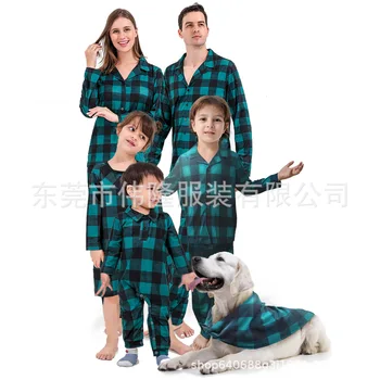 Нови дрехи за сън, подходящи един приятел, комплекти, семейни коледни зелени пижам в клетка с принтом за родители и деца
