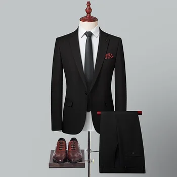 Новост (сако + панталон, мъжка мода, бизнес джентълмен, прости ленти, ярка коприна ежедневни професионален микроэластичный комплект, 2 комплекта