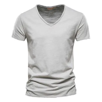 2023 Лятна Нова Однотонная Тениска с V-образно деколте И къс ръкав, Мъжки t-shirt В Корейски Стил, Модни Свободни Ежедневни Памучни Пуловери, Удобни Капаци