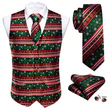 Дизайнерски жилетка за Коледен фестивал за мъже, Копринена жилетка, червена, зелена, бяла ивица с снежинками, папийонка, комплект за щастлив партита, Бари Ван.