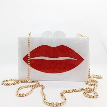 Луксозни дизайнерски чанти Стилна вечерна чанта Lady Сватба парти, Абитуриентски клатч с шарени червени устни Акрилни Чантата си Чанта през рамо