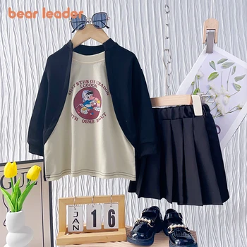 Есенен комплект за момичета Bear Leader, Новост 2023 г., Тениска с писмото принтом от Картун за момичета + Къса пола, Комплект от две части, Детски модни дрехи
