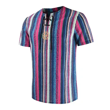# 4118 Лятна тениска на вертикални райета, мъжки обогатяване с кръгло деколте, Реколта риза с бродерия, бельо памучен тениска Homme с къс ръкав