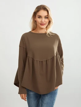 Женска тениска с кръгло деколте и дълъг ръкав, плисе свободни обикновен дамски есенни блузи, градинска облекло