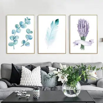 Съвременно лилава лавандулово и синьо растение с пера, плакати, печат върху платно, Художественото оформление на домашната стена Може да се коригира
