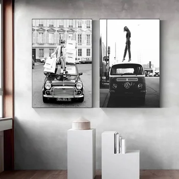 Ретро Модерен стил на Черно Бели снимки Винтажное Уличното изкуство ХолстКартина Ретро CarFashion Момиче Pictures Home Cuadros Art Decor