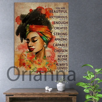 Афро-женски плакат с портрет върху платно, плакат на чернокожите, афро-женски плакат с черната момиче, художествена печат, цитати от Библията, цветен женски декора на стените