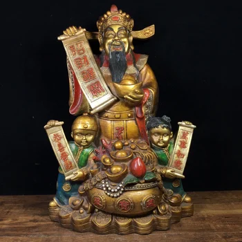 13-Инчовата колекция Тибетски храм, стара бронзова рисувани, Бог късмет, златни момче и момиче се Събират късмет, украса на градския дом