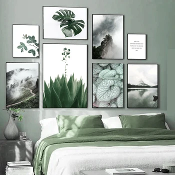 Плакат с модерен природен пейзаж, домашен стенен артистичен интериор, печат върху платно, зелени листа от растения, Мъгла, Пейзаж живопис, интериор в скандинавски стил, живопис