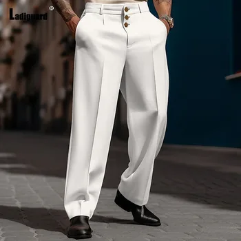 Мъжки елегантни широки панталони с джоб-часова, обикновена бели панталони за официални партита, големи размери 3xl, мъжки модни костюмные панталони с трикратно с копчета