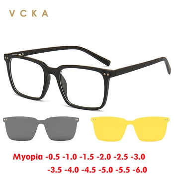 VCKA 3 в 1 чифт Слънчеви Очила за Късогледство с Магнитен Клипс Квадратни Мъжки Женски TR90 Поляризирани Очила Дневни и Нощни Очила по Рецепта -0,5 - 10