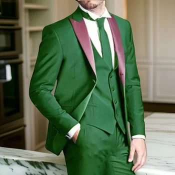 2024 Италиански приталенные мъжки костюми, 3 предмет, зелен модерен сватбен смокинг младоженеца на поръчка (яке + жилетка + панталони) Изработена по поръчка