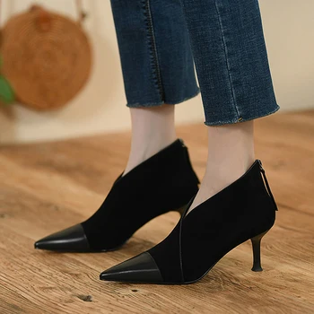 Обувки-лодка с остри пръсти от изкуствена кожа, дамски велурени обувки на висок ток с цип отзад, Дамски официални обувки на високи токове Sxey, Женски обувки за партита 2023 година.