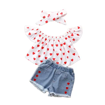 Нови летни Комплекти дрехи За момичета От 2 до 6 години, Бебешки Памучен Тениска с принтом на Сърцето + Дънкови Шорти + Превръзка на главата от 3 теми, Всекидневен Костюм