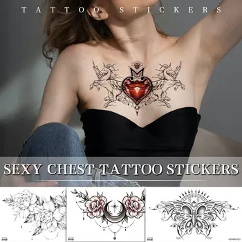 Временни Татуировки на гърдите с Преговарящите от Къна Лотос За жени, Изкуствена татуировка във формата на Пеперуда с червен Диамант за възрастни, Сексуална Водоустойчив Татуировки