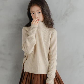 Вязаный пуловер за момичета, есенно-зимна Корея детски дрехи, дебели топъл коледен пуловер с висока воротом за момичета 14 години