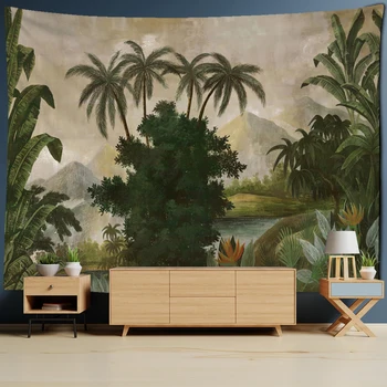 Палма, Гоблен с бананови листа, виси на стената в бохемски стил, Тропически растения, природни пейзажи, домашен декор