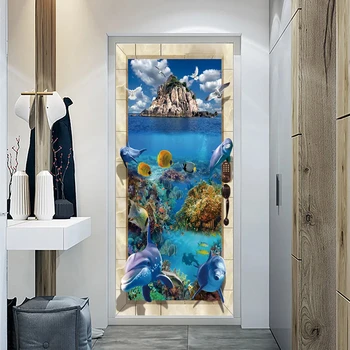 Перлено бял плаж, море, Самозалепващи 3D Стикери на вратата, тапети, дизайнерски врати на дома, 3D Стикери с природни гледки, тапети
