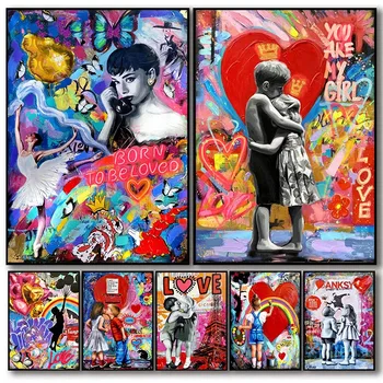 Обичам Живопис върху платно За момичета и момчета Плакат на стената на изкуството в стил Banksy Дъга Надежда Рисунки, Щампи Пъстра картина за домашен декор