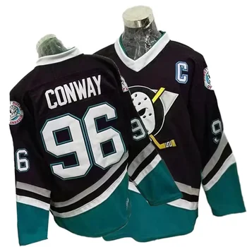 Лилави мъжки хокейни тениски the Mighty Ducks № 96 на Чарли Конуей Изцяло зашит