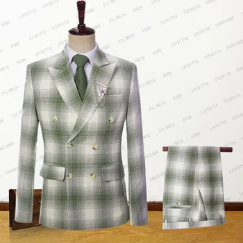 Мъжки костюм 2023 г., яке и панталони от 2 теми, Нова мода, годишен бизнес костюм в британския стил, зелен цвят Reto, класическа клетчатая мъжки сватба парти
