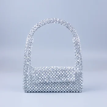 Дизайнерски сребърни ъглова чанта от перли, дамски тканая чанта с капак, дамски модни проста правоъгълна чанта за подмишниците, портфейли