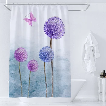 Завеса за душ с принтом лилави цветя, лавандула, Полиестерни Водонепропусклива завеса за баня, душ Завеса за украса на дома с куки