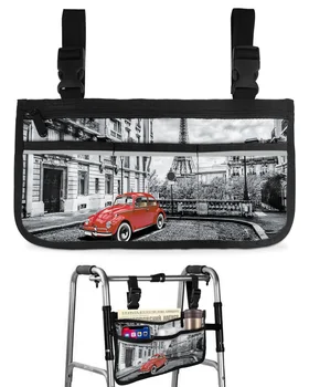Червен Ретро Автомобил Paris Tower Градинска Чанта за инвалидна количка с джобове, Подлакътници, Странични Чанти, Пешеходната Рамка за електрически Скутер, Чанта за съхранение