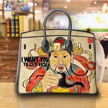 Чанти на Китайския Бог на Богатството с ръчно рисувани Дизайнерски лотария, Дамски портфейли и дамски чанти от 100% Естествена Телешка кожа