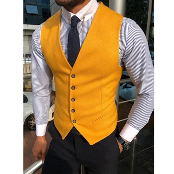 Мъжки костюм, жилетка, Елегантна жилетка без ръкави с V-образно деколте и копчета в бизнес стил, оборудвана за сватба, Жълто Сватбата младоженецът