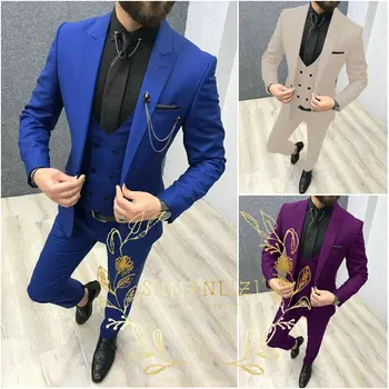 Кралско синьо мъжки костюм, комплект от 3 теми, модерен оборудвана сако, жилетка, панталони, официални делови сватбени смокинги за мъжете, ежедневни облекла